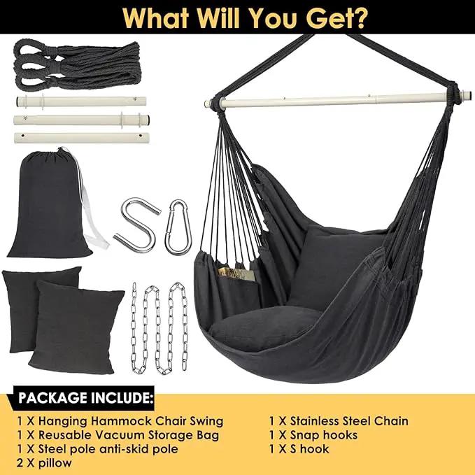 Y- Stop Hammock Chair Hanging Rope Swing Chair, Max 500 Lbs, 2 Seat Cushions Included, Removable Steel Spreader Bar with Anti-Slip Rings, Hardware kit-for Indoor or Outdoor(Dark Grey) by GreenHaven Gardens