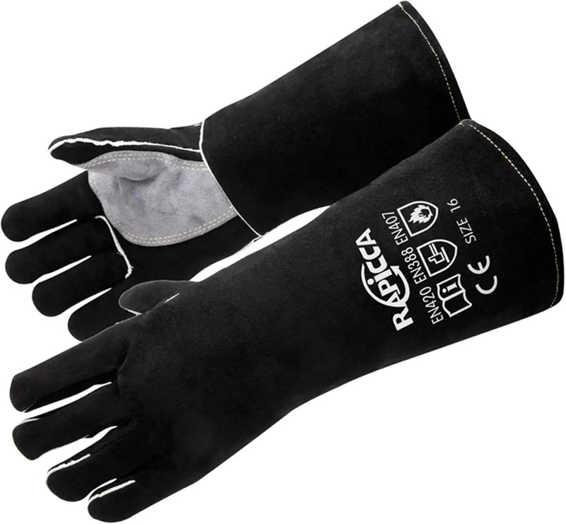 RAPICCA Welding Gloves Fire Heat Resistant: Black 16IN - Fireproof Leather For Stick Mig Flux-Core Welder Forge Blacksmith Fireplace Wood Stove Fire Pit Furnace Handling Dry ice - One Size 662℉ by GreenHaven Gardens