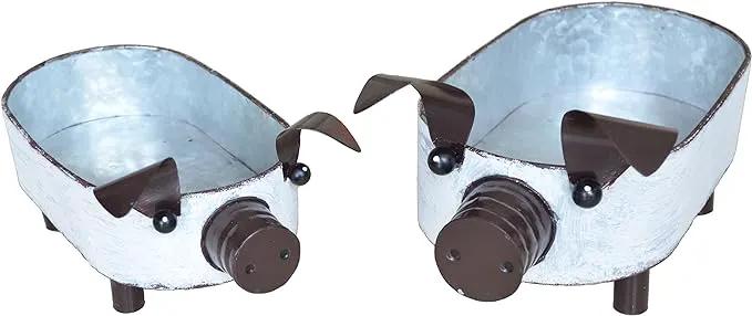 Galvanized Metal White Washed Farmhouse Pig Tray Distressed Pig Tabletop Centerpiece Décor Set of 2 by GreenHaven Gardens
