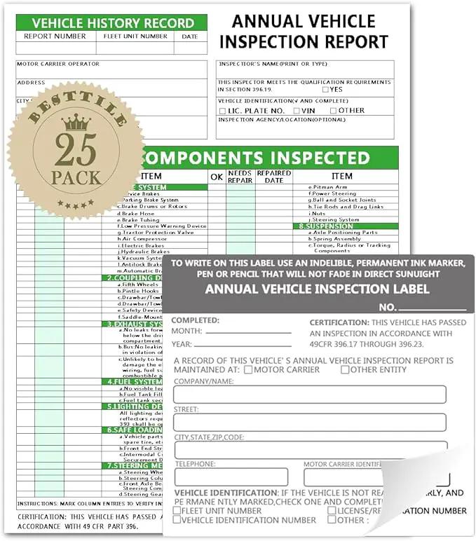 Annual Vehicle Inspection Report Form Dot Annual Inspection Forms and Stickers, 25-pk 3-Ply Carbonless Adhesive Vinyl Label 2-Ply, Driver Vehicle Inspection Report Book for Truck Drivers by GreenHaven Gardens