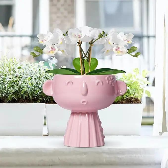 Face Pots for Plants - 7 Inch Ceramic Face Planters Pots Head for Indoor Outdoor, Small Funny Succulent Planters with Drainage Hole, House Room Apartment Decor, Gifts for Women, Bright Pink by GreenHaven Gardens