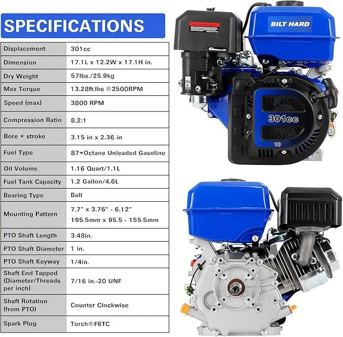 BILT HARD 301cc 10HP Gas Powered Engine, Horizontal 4 Stroke OHV Gas Motor, Shaft 1" Diameter, 3.48" Length, 1/4" Keyway, Replacement for Compressor, Log Splitter by GreenHaven Gardens