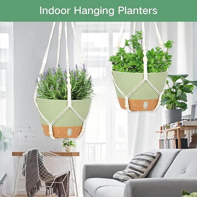QCQHDU 2 Pack Hanging Planters for Indoor Plants, Outdoor Flower Hanging Baskets, Self Watering Pots with Drainage Holes & Removable Tray (Green, 10 inch, Macrame Hanger) by GreenHaven Gardens