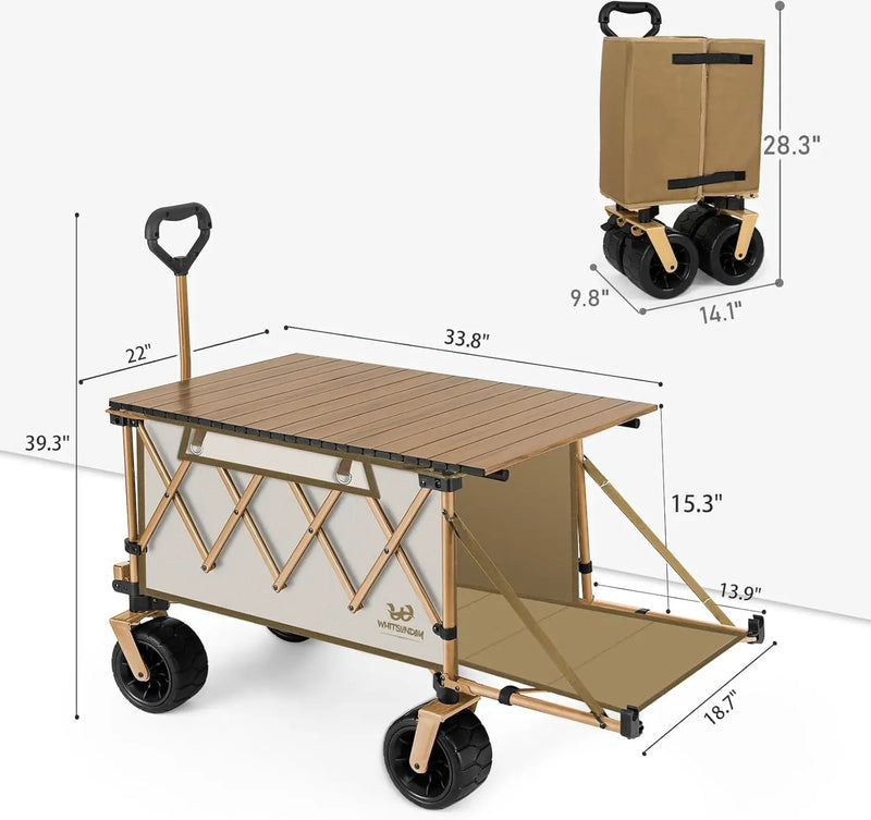 Whitsunday Collapsible Folding Wagon with Table,Heavy Duty Utility Beach Wagons with Opened Tailgate and All-Terrain Wheels for Camping,Garden,Sports Beige by GreenHaven Gardens