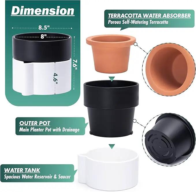 8 Inch Self-Watering Planter Pot with Terracotta Insert, Deep Water Reservoir, and Ceramic-Alike BPA-Free Plastic Planter Pot for Plant, Modern Planter for Houseplants, White/Black, 53-B-T-4 by GreenHaven Gardens
