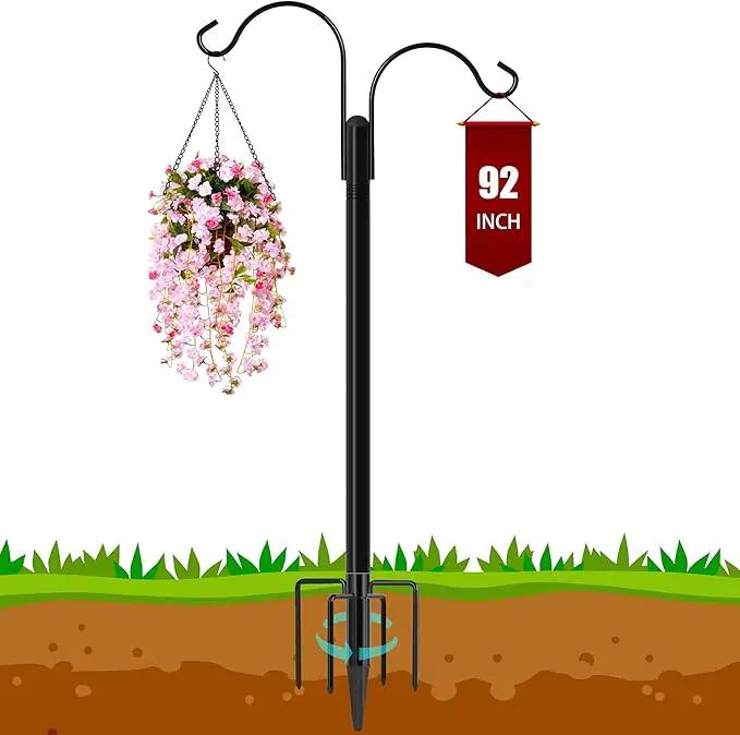 Ottsuls Double Shepherds Hooks for Outdoor, 92 Inch Bird Feeder Pole with 5 Prong Base, Upgrade 1 INCH Thick Heavy Duty Planter Hook for Hanging Baskets, Lantern,1 Pack by GreenHaven Gardens