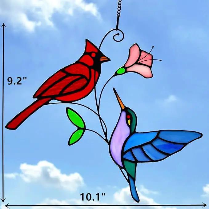 Stained Glass Red Cardinal with Hummingbird Suncatcher Window Hanging Ornament, Stain Glass Birds Sun Catchers for Window Decor,Red Cardinal Hummingbird Gifts for Women, Mom, Birds Lovers by GreenHaven Gardens