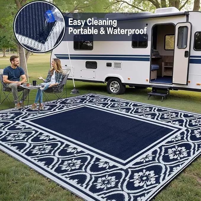 RV Outdoor Rug Waterproof Mat 9'x12' Camping Carpet Blue Outside Area Rugs Reversible Rugs for Deck Entryance Porch Picnic Balcony Beach by GreenHaven Gardens