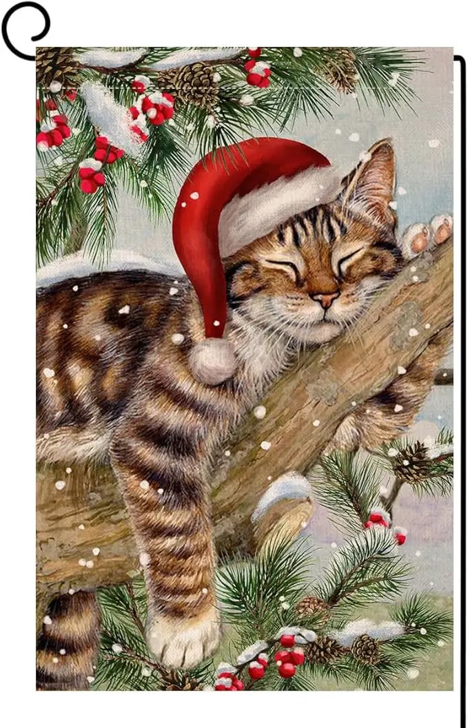 BLKWHT Winter Cat Garden Flag 12x18 Vertical Double Sided Christmas Holiday Outside Decorations Burlap Yard Flag BW738 by GreenHaven Gardens