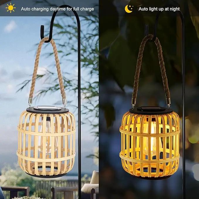 Outdoor Solar Rattan Lantern Hanging Lights with Handle, Waterproof Rattan Solar Lantern, Natural Bamboo LED Decorative Garden Lights for Yard, Patio, Wedding, Home Decoration by GreenHaven Gardens