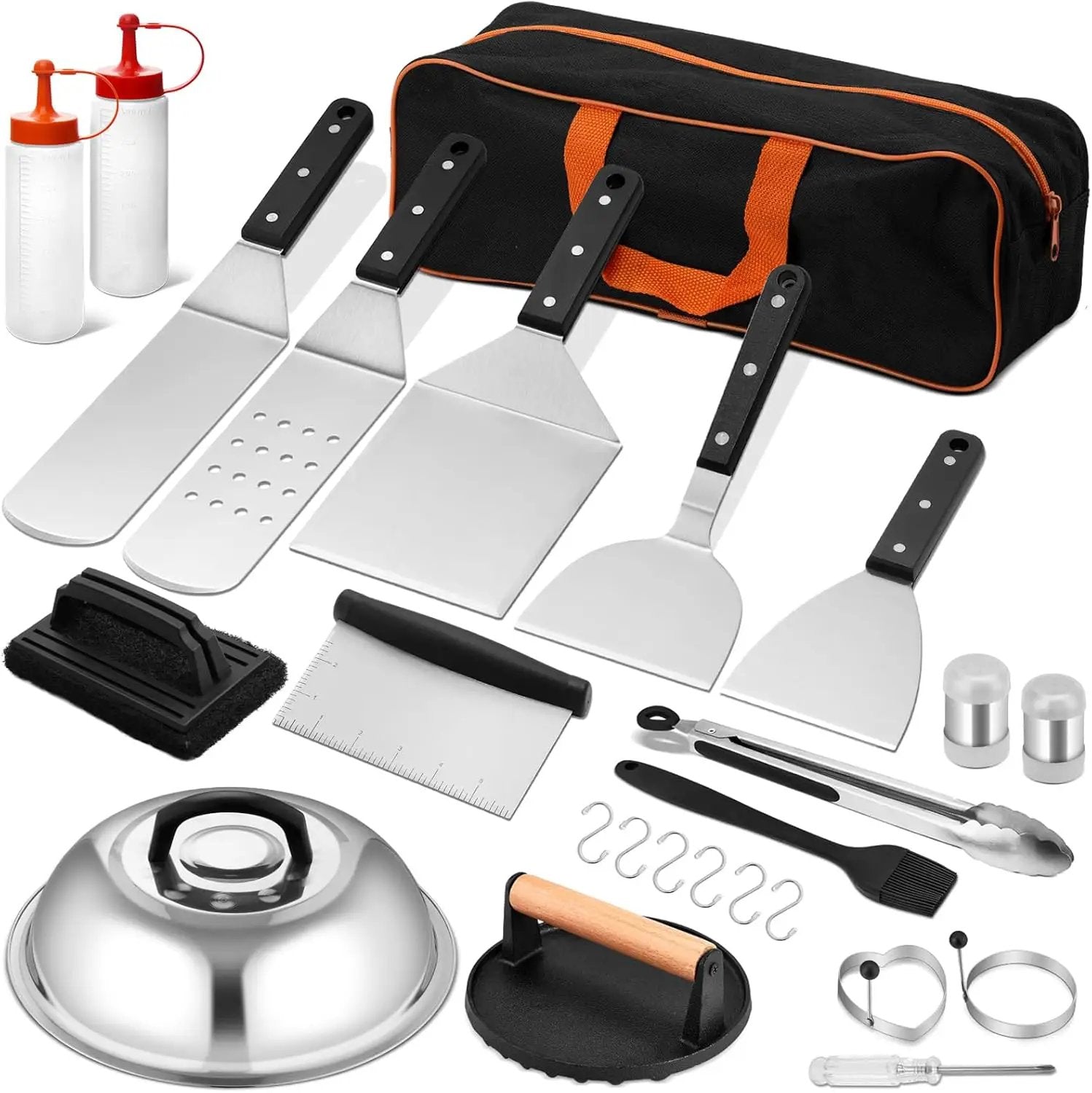Griddle Accessories Set of 25, Leonyo Grill Accessories for Outdoor, Commercial BBQ Tools Grilling Smash Burger Press Kit with Enlarged Metal Spatulas Scraper for Flat Top Grill, Hibachi, ABS Handle by GreenHaven Gardens