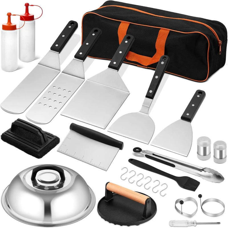 Griddle Accessories Set of 25, Leonyo Grill Accessories for Outdoor, Commercial BBQ Tools Grilling Smash Burger Press Kit with Enlarged Metal Spatulas Scraper for Flat Top Grill, Hibachi, ABS Handle by GreenHaven Gardens