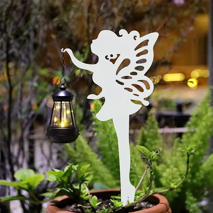 Solar-Garden-Lamp 2 Pack Metal Fairy Hanging Lanterns, Solar Outdoor Decorative Stake Ornaments for Lawn, Patio or Courtyard, White by GreenHaven Gardens