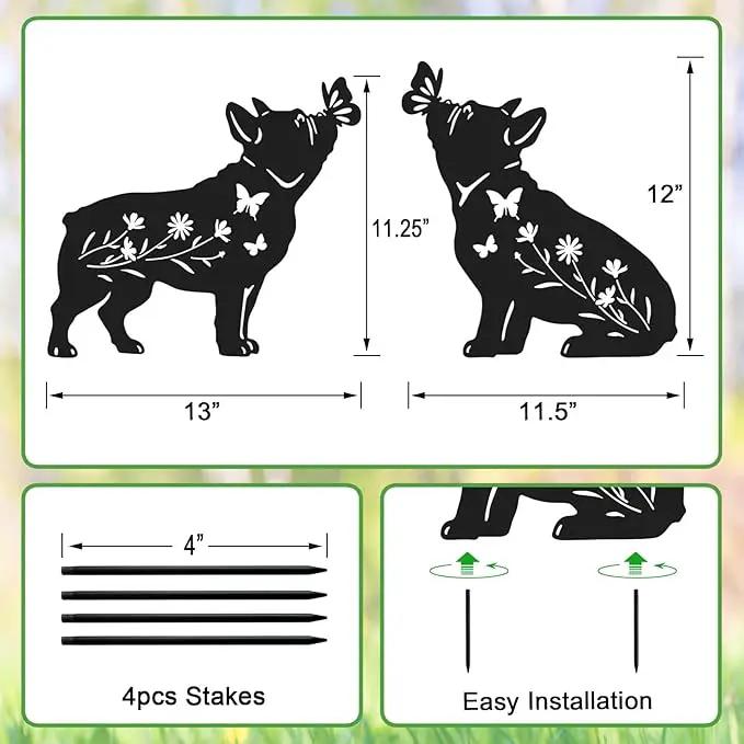 Pack 2 Dog Metal Garden Decor for Outside,French Bulldog Gifts for Women,Dog Silhouette Stakes,Garden Statues for Yard,Lawn,Pathway by GreenHaven Gardens