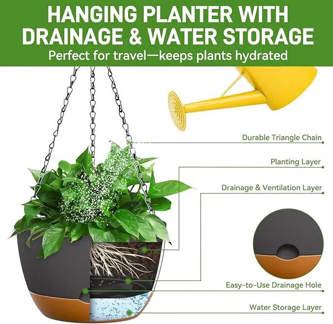 8 Inch Hanging Planters for Indoor & Outdoor Plants (2 Pack) - Self-Watering & Drainage Flower Pots with 2 Kinds of Plant Hangers for Home Decor & Garden (Deep Gray, 8 in) by GreenHaven Gardens