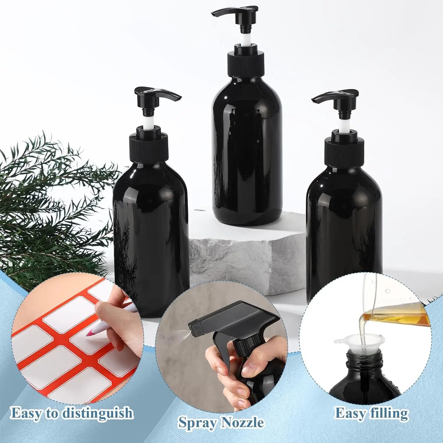 Norme 12 Pcs 8 oz Glass Spray Bottles with Funnels and Labels Refillable Cosmetic Empty Spray Bottles with Sprayer Containers for Essential Oil Cleaning Solutions(Black,Classic) by GreenHaven Gardens