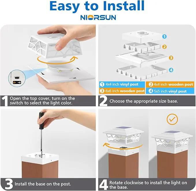 NIORSUN Solar Post Lights Outdoor 6 Pack, 2 Modes LED, Deck Fence Post Solar Lights for 3.5x3.5 4x4 5x5 5.5x5.5 Caps Patio Garden Decoration, White by GreenHaven Gardens