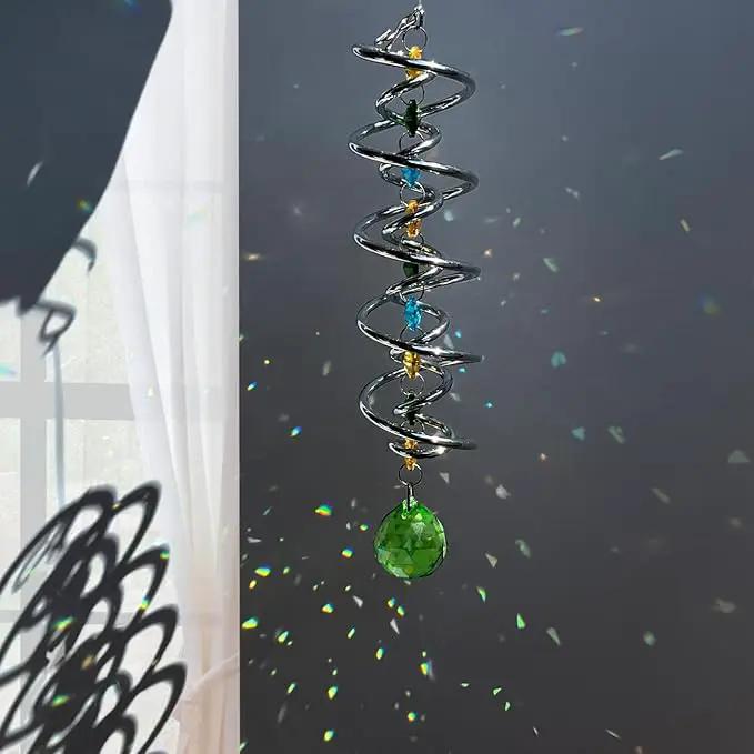 FONMY Gazing Ball Spiral Tail -Decorative Wind Spinner Sun Catcher Rainbow Maker Double-Spiral W/Green Crystal Ball and Chain Crystals for Indoor Outdoor Garden Decoration -14 inch Height by GreenHaven Gardens