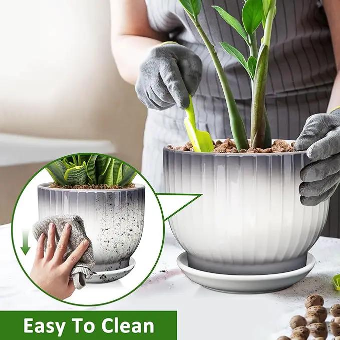8 Inch Plant Pot, Ceramic Planter with Drainage and Saucer, Ceramic Pots for Plants, Indoor Plant pots,Ceramic Flower pots(Gray + White, Plants NOT Included) by GreenHaven Gardens