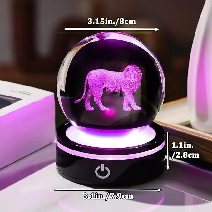 YWHL 3D Crystal Ball Lion Figurine with LED Base, Lion Gifts for Men Women Lions Lovers on Christmas Birthday, Lions Ornament Glass Sphere Decorative Ball for Home Decor (80mm) by GreenHaven Gardens