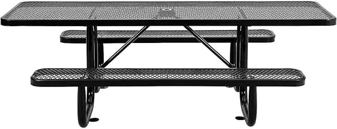 Global Industrial 8'L Rectangular Picnic Table, ADA Compliant, Expanded Metal, Black Thermoplastic Coating, Attached Benches, 1-1/2” Umbrella Pole Hole, Outdoor-Rated by GreenHaven Gardens