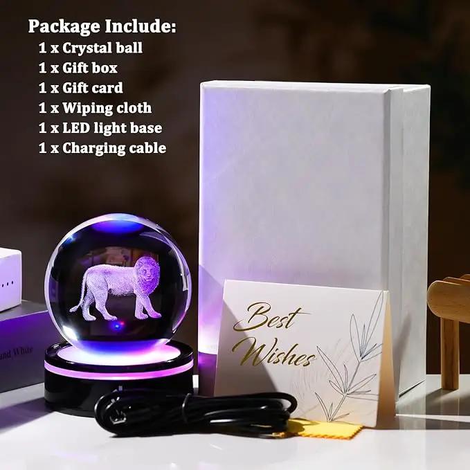 YWHL 3D Crystal Ball Lion Figurine with LED Base, Lion Gifts for Men Women Lions Lovers on Christmas Birthday, Lions Ornament Glass Sphere Decorative Ball for Home Decor (80mm) by GreenHaven Gardens
