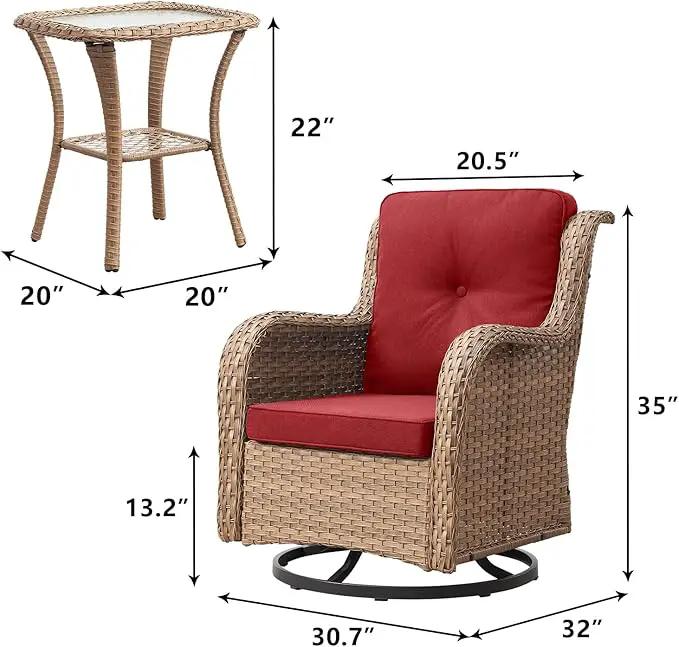 Outdoor Patio Swivel Rocker Chairs - 3 Piece Patio Bistro Set,Wicker Patio Furniture Set with 2 Swivel Rocking Chairs and 1 Glass Top Side Table for Deck Porch Garden,Yellow/Red by GreenHaven Gardens