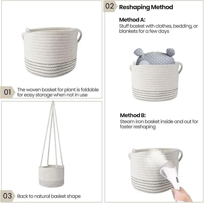 Flexzion Hanging Plant Basket Boho Cotton Rope Basket Indoor Hanging Planter, Up to 7" Flower Pot, Macrame Woven Modern Plant Holder, Storage Bin Organizer, Home Decor with 20" Hanging Rope, White by GreenHaven Gardens