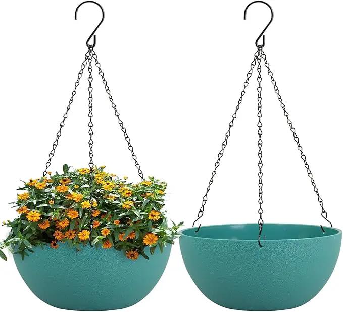 13 inch Large Hanging Planters Plant Pots for Outdoor Indoor Plants with Drainage Holes and Chain, 2 Pack Round Hanging Flower Pots for Garden Home Porch Decor, Blue Green by GreenHaven Gardens