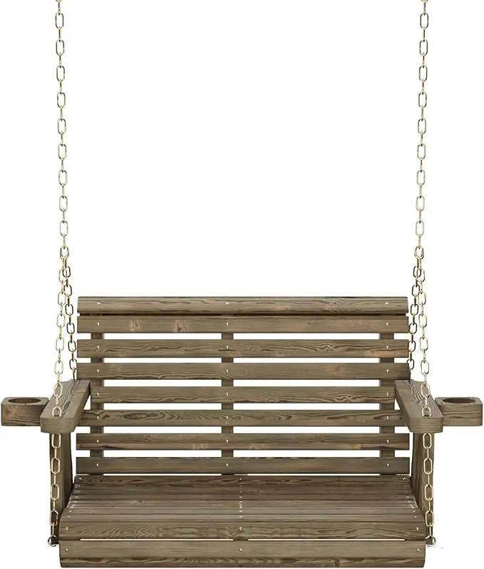 Amish Casual 3 Foot Roll Back Porch Swing with Cup Holders in Dark Walnut Stain - Amish Made in The USA from Treated Pine Heavy Duty 700 Lb. Weight Capacity by GreenHaven Gardens