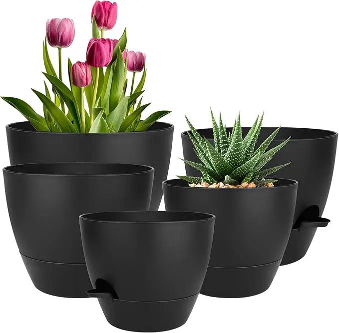 Plant Pots 10/9/8/7.5/7 Inch Self Watering Pots, Set of 5 Plastic Planters with Drainage Holes and Saucers,Plastic Flower Pots,Nursery Planting Pot for Indoor Out Door Plants(All Black) by GreenHaven Gardens