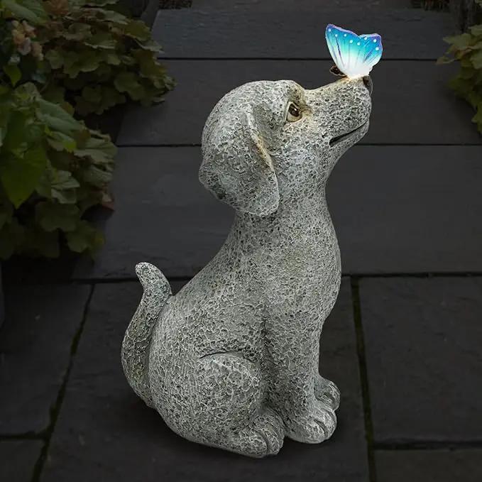 Solar Garden Outdoor Statues Dog with Butterfly Lights, Lawn Decor Puppy Figurine for Patio Balcony Yard, Yard Unique Christmas Birthdays Gift for Mom Grandma by GreenHaven Gardens
