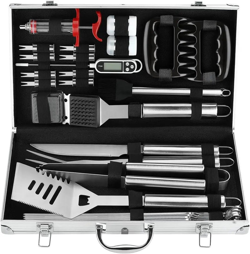 POLIGO 26PC Exclusive BBQ Grill Accessories in Aluminum Case for Birthday Christmas Grilling Gifts - Premium Grill Utensils Set with Barbecue Claws, Meat Injector, Thermometer for Smoker, Camping BBQ by GreenHaven Gardens