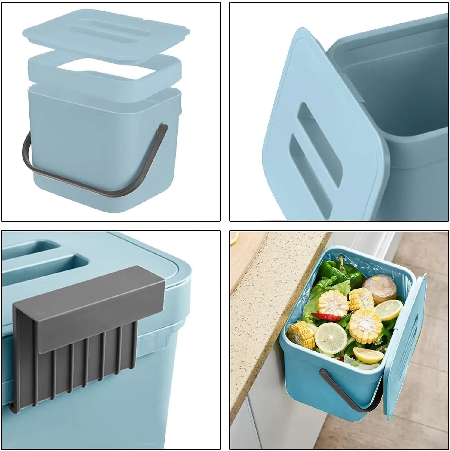 LALASTAR Kitchen Compost Bin, Hanging Trash Can with Lid for Kitchen Cabinet Door, Under Sink, Wall Mounted Waste Bin for Bathroom, 1.8 Gallon, Blue by GreenHaven Gardens