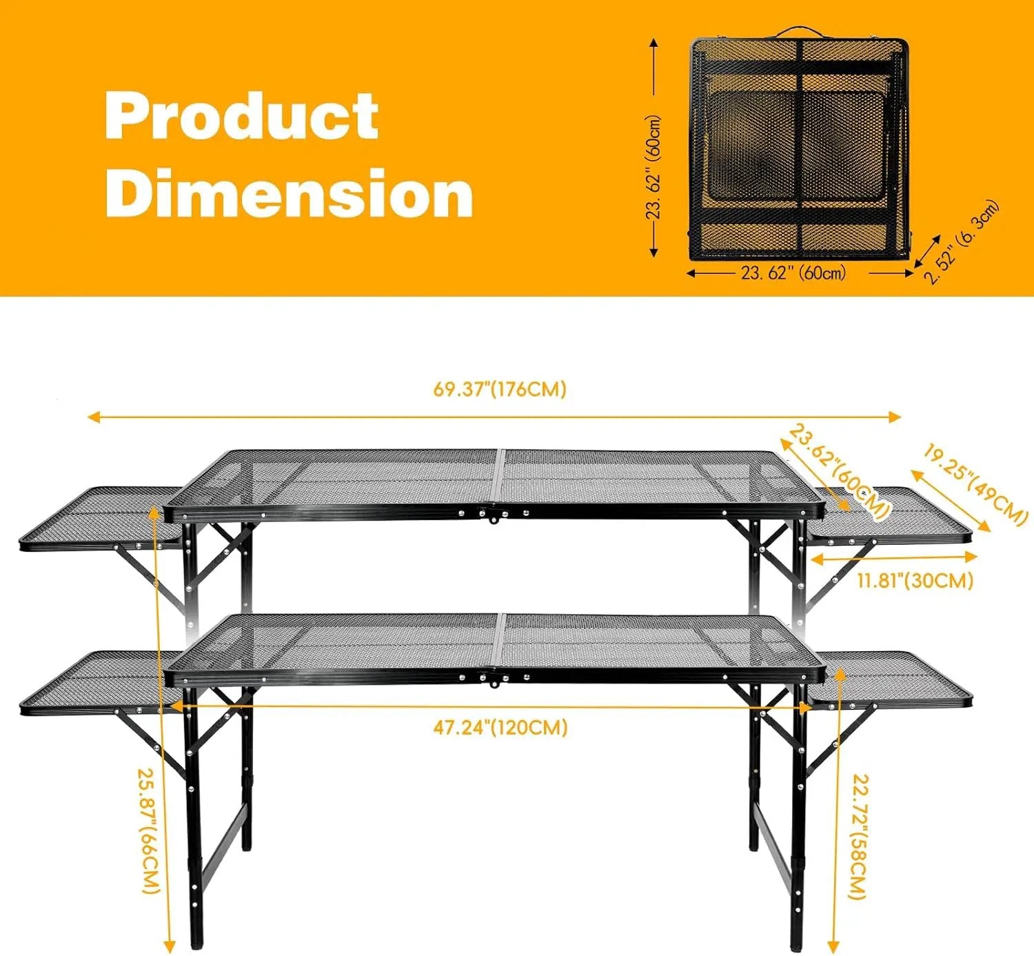 Grill Table Folding Table with 2 Wing Panels 4FT+1.77 FT with Mesh Desktop 3 Height Adjustable Portable Grill for Outdoor Indoor Beach BBQ Picnic Travel RV Black 69.3 x 23.62 inch by GreenHaven Gardens