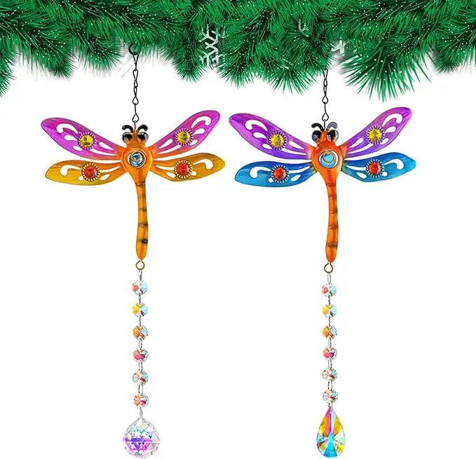 Crystal Dragonfly Suncatchers for Christmas, 2 Pack Dragonfly Sun Catcher for Windows Hanging, Stained Glass Dragonfly Ornament for Outdoor Home Decor by GreenHaven Gardens