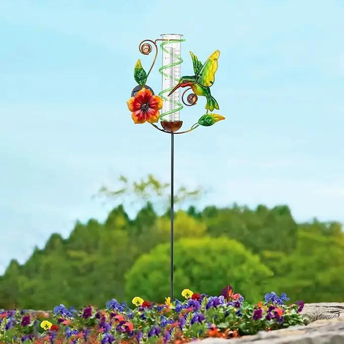 LEWIS&WAYNE 36.3” Hummingbird Rain Gauge Outdoor, 7” Glass Tube Solar Powered 10 Warm White LEDs Garden Metal Stakes Decorative Waterproof for Yard Garden Patio Lawn by GreenHaven Gardens