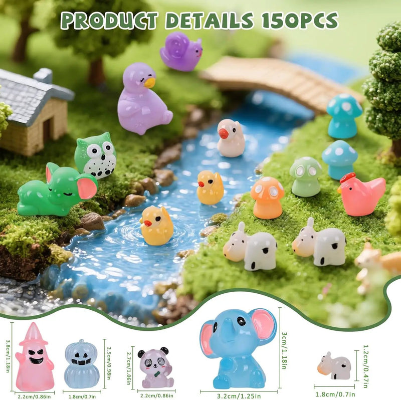 150 PCS Luminous Mini Resin Animals, Glow in The Dark Fairy Garden Decor, Mini Ducks Frogs Turtles Figurines for Aquarium, Terrarium, Slime Charms & Potted Plant Landscape Decoration by GreenHaven Gardens