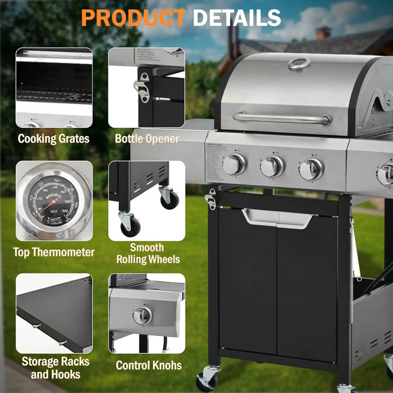 3-Burner Propane Gas Grill with Side Burner, 40,500 BTU Stainless Steel BBQ - Easy Assembly & Grease Management for Patio, Backyard, Camping (3+1Burner) by GreenHaven Gardens