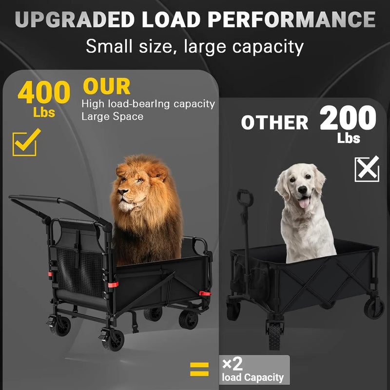 LEVELEVE Heavy Duty Folding Wagon - 2-in-1 Collapsible Cart, 400lb Capacity, All-Terrain Wheels w/Brakes & Side Pockets (Black) by GreenHaven Gardens