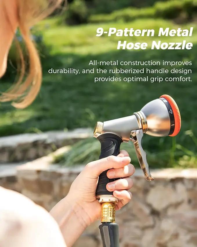 Retractable Garden Hose Reel 5/8 in x 100 ft Professional Metal Bracket & 9-Pattern Metal Nozzle UV Resistant Brass Fitting Heavy Duty Wall Mount Any Length Lock Slow Retraction 180° Swivel by GreenHaven Gardens