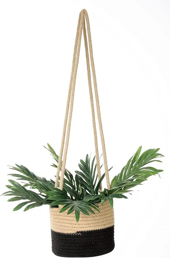 Hanging Planter Basket Jute Rope Woven Plant Hangers Indoor Hanging Plant Holder Up to 7" Pot Macrame Modern Storage Organizer Home Decor (Jute-Black) by GreenHaven Gardens