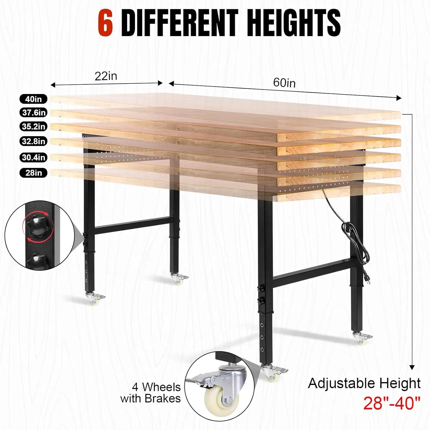 Height Adjustable Workbench with Wheels 60”×22” Heavy Duty Work Table 2000 LBS Capacity Rolling Work Table Rubber Wood Work Station with Power Outlet & Pegboard for Garage, Office, Workshop by GreenHaven Gardens