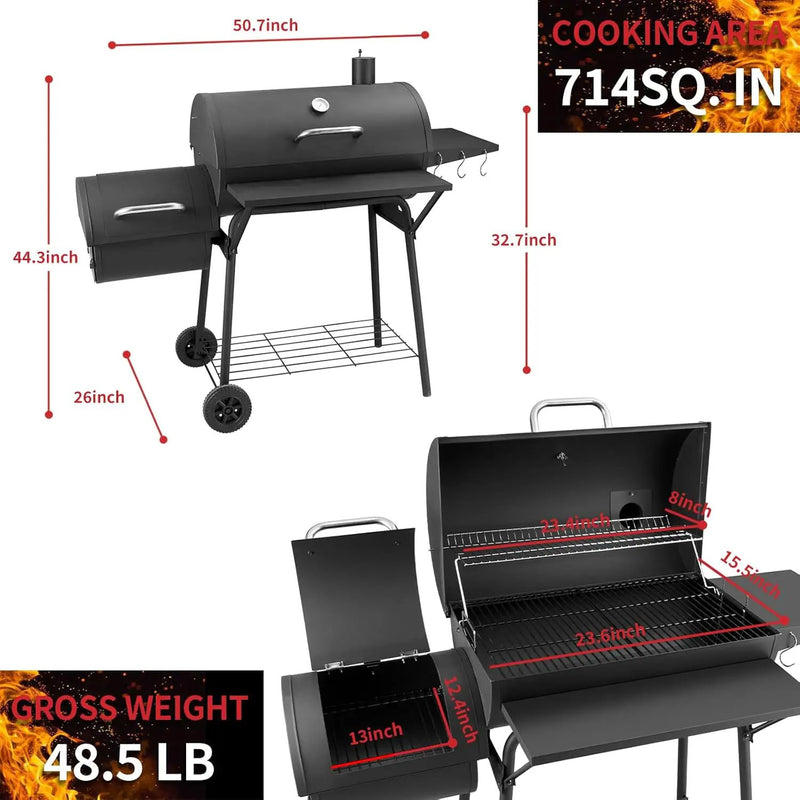 Barrel Charcoal Grill with offset smoker, 714 Square Inches Cooking Area, Outdoor BBQ Grill with Front and Side Shelf, Perfect for Backyard, Patio Parties and Picnics by GreenHaven Gardens