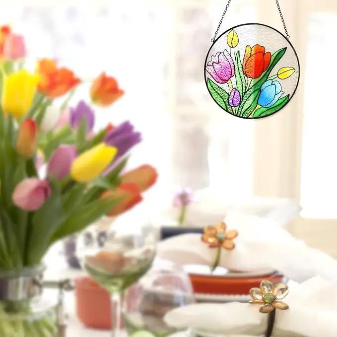 Tuitessine Tulip Suncatcher Stained Glass Window Hanging Panels, 6.3''x6.3'' Round Handmade Hanging Ornament with Chain, Garden Patio Wall Decor Flower Gift for Mom Teachers Friends by GreenHaven Gardens
