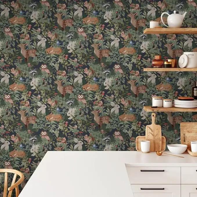 Green Plants Leaf Animal Forest Deer Rabbits Squirrel Owl Peel and Stick Wallpaper Self Adhesive Removable Easy Peel Off Contact Stick on Wall Paper for Bedroom Cabinet Renter Friendly by GreenHaven Gardens