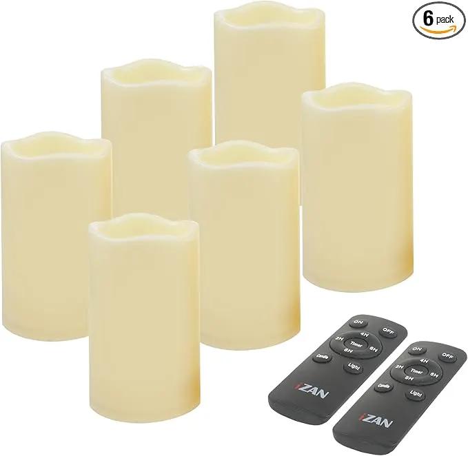 iZAN Set of 6 Outdoor Flameless Battery Operated LED Pillar Candles with Remote Timer Waterproof Flickering Electric Decorative Lights for Christmas Home Wedding Party Festival Decorations 3" x5” by GreenHaven Gardens