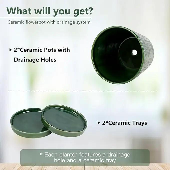 BUYMAX Plant Pots Indoor –6 inch Ceramic Flower Pot with Drainage Hole and Ceramic Tray - Gardening Home Desktop Office Windowsill Decoration Gift, Set of 2(Patina) by GreenHaven Gardens