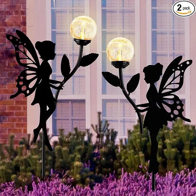 Ouddy Decor 2 Pack Solar Fairy Garden Decor, Metal Statues with Crackle Glass Globe Lights Silhouette Waterproof for Outdoor Lawn Patio Yard Pathway Home Decorations Gardening Gifts for Mother's Day by GreenHaven Gardens