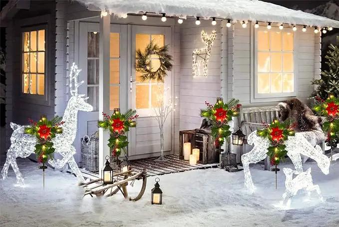 2 Pack Outdoor Solar Lights Christmas Decorations, Cross Stake Lights with Faux Poinsettia Pine Cones Red Berries and Foliage for Garden Patio Grave by GreenHaven Gardens